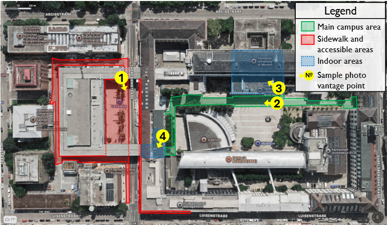 Robot operation areas highlighted on the TUM campus. Green: main campus, Red: sidewalk areas, Blue: indoor areas.